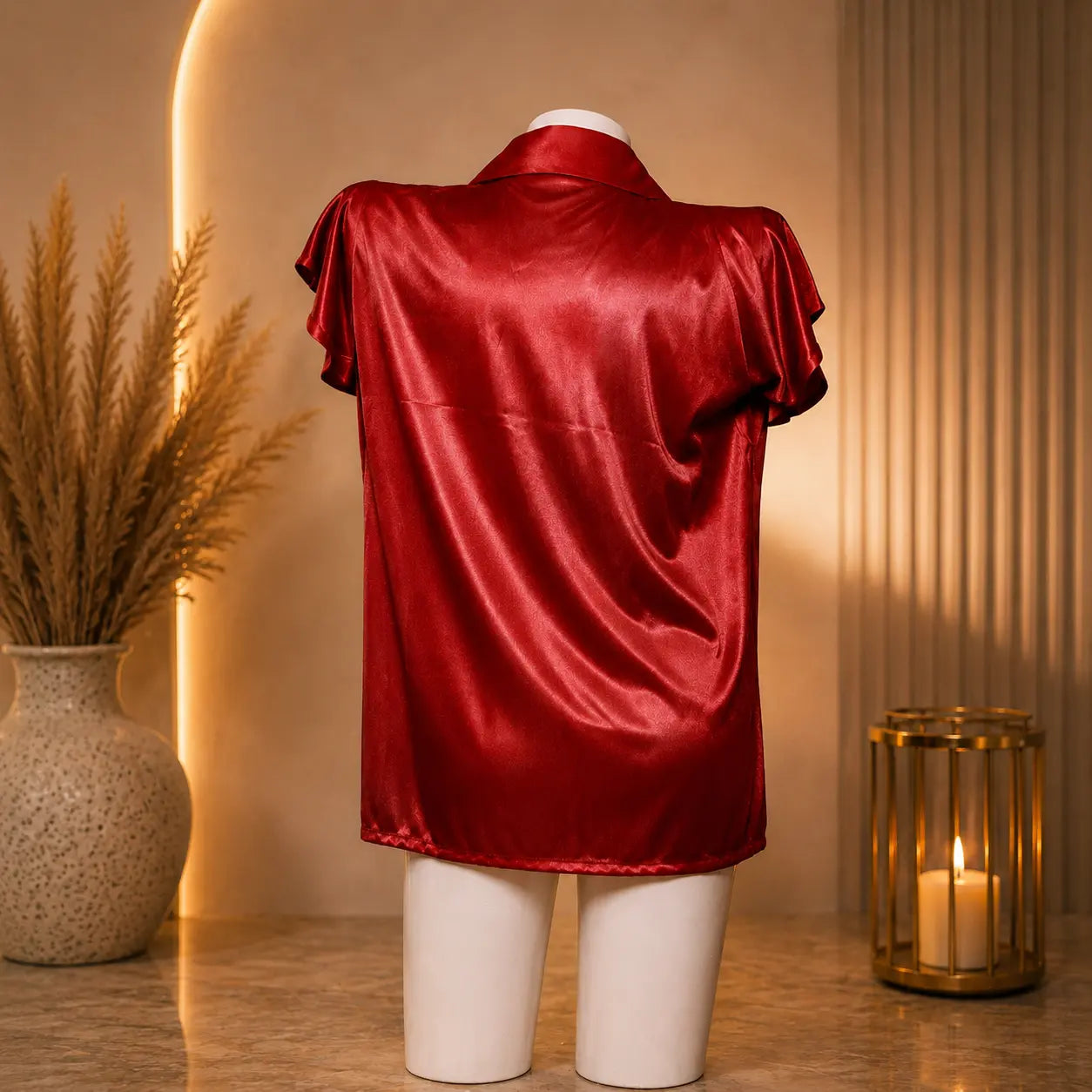 Luxury Red Satin Short Sleeve Button-Down Night Shirt for Women | Soft Silky Sleepwear