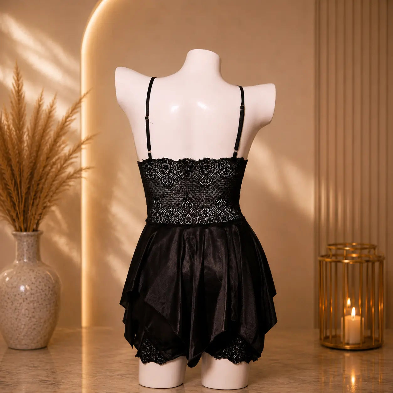 Nazneenah Black Lace Satin Babydoll Nightdress for Women