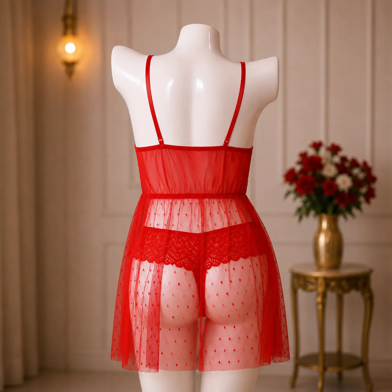 Nazneenah Lace Mesh Babydoll Nightdress for Women