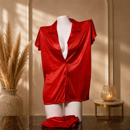 Luxury Red Satin Short Sleeve Button-Down Night Shirt for Women | Soft Silky Sleepwear