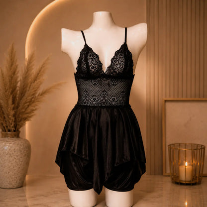 Nazneenah Black Lace Satin Babydoll Nightdress for Women