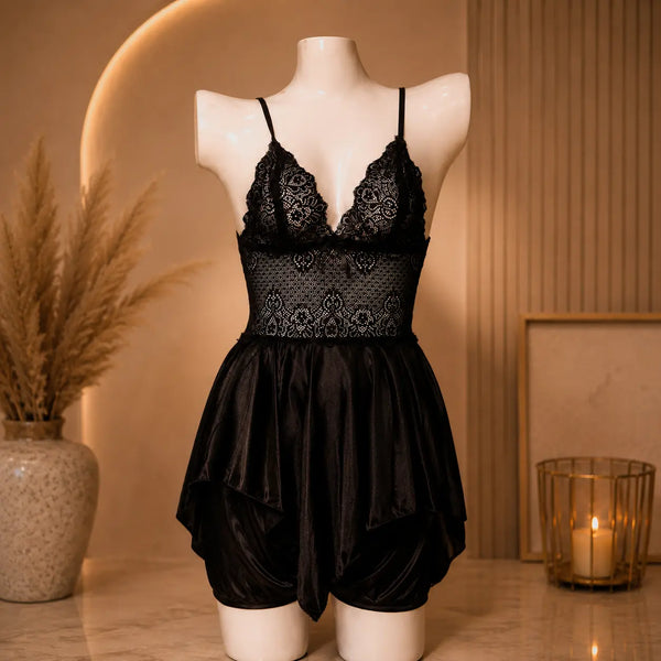 Nazneenah Black Lace Satin Babydoll Nightdress for Women