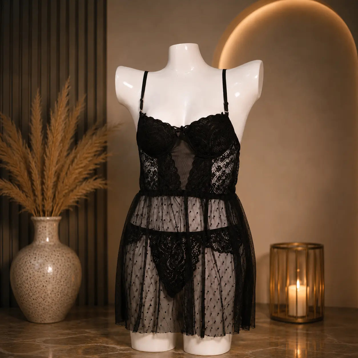 Nazneenah Lace Mesh Babydoll Nightdress for Women