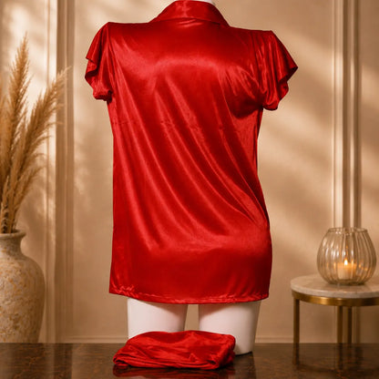 Luxury Red Satin Short Sleeve Button-Down Night Shirt for Women | Soft Silky Sleepwear