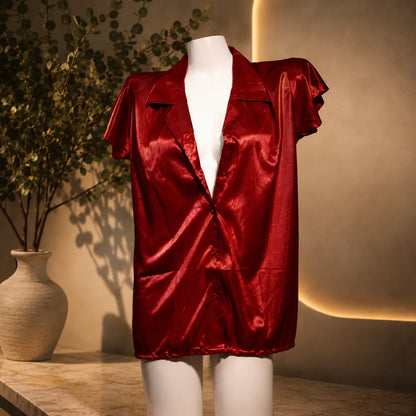 Luxury Red Satin Short Sleeve Button-Down Night Shirt for Women | Soft Silky Sleepwear