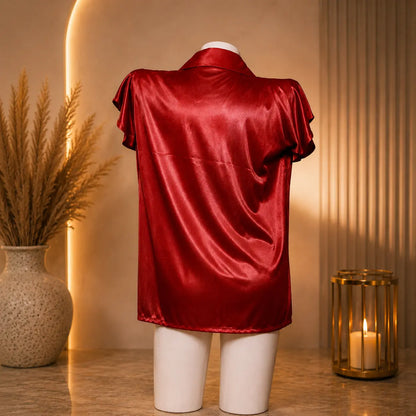 Luxury Red Satin Short Sleeve Button-Down Night Shirt for Women | Soft Silky Sleepwear