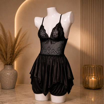 Nazneenah Black Lace Satin Babydoll Nightdress for Women
