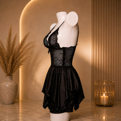 Nazneenah Black Lace Satin Babydoll Nightdress for Women