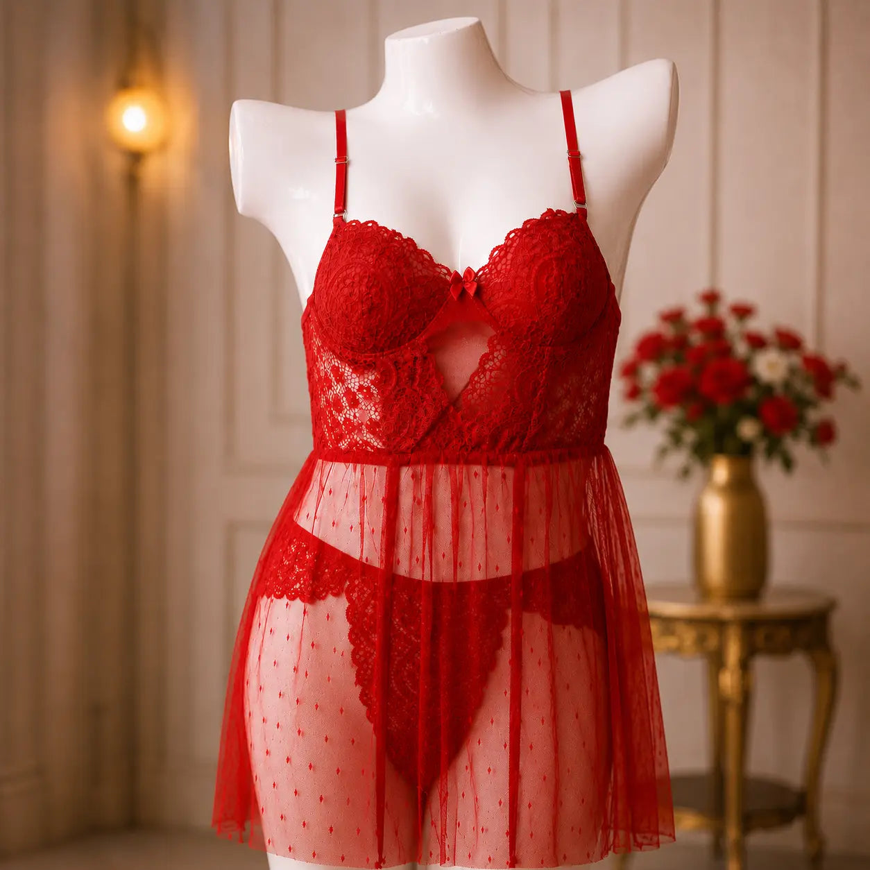 Nazneenah Lace Mesh Babydoll Nightdress for Women