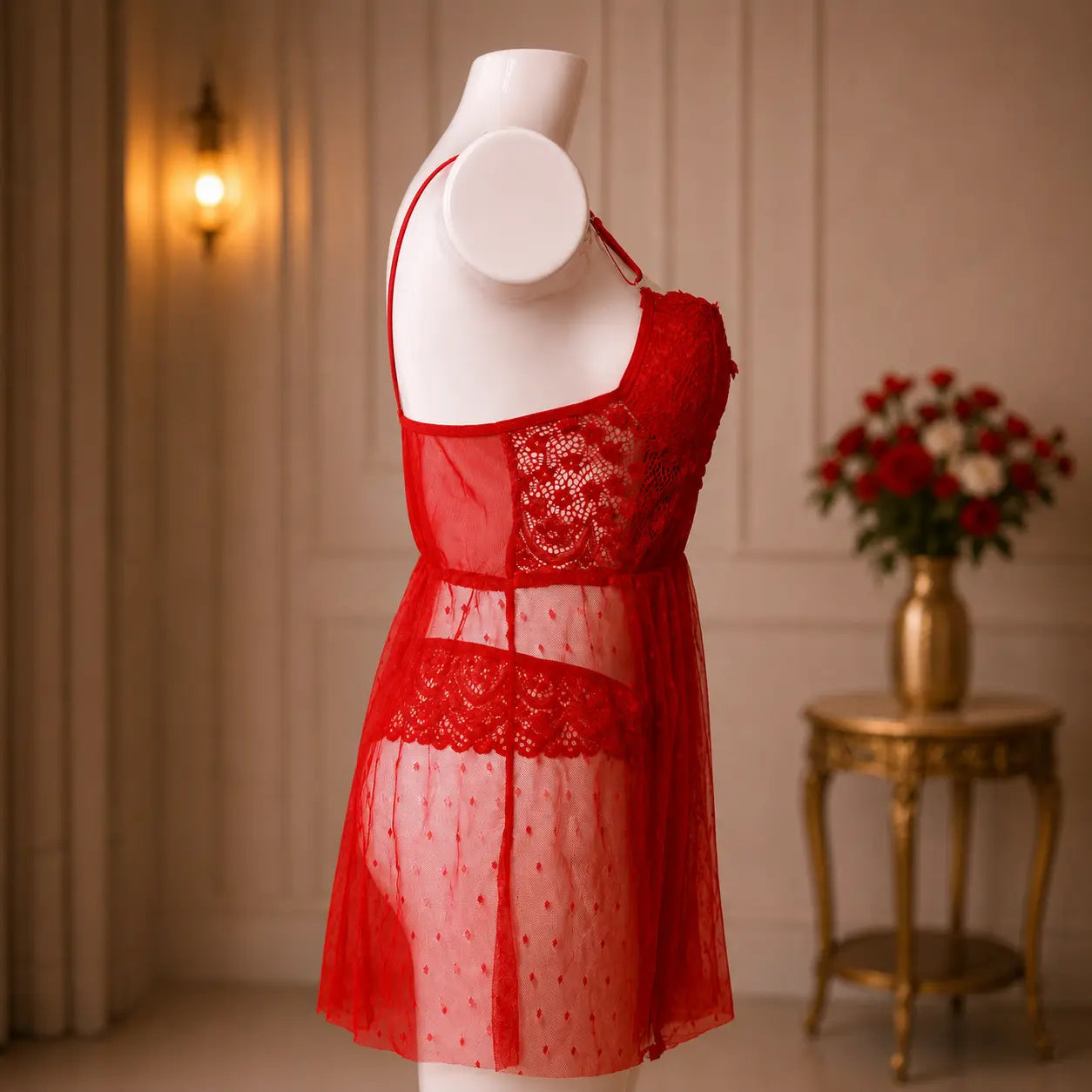 Nazneenah Lace Mesh Babydoll Nightdress for Women