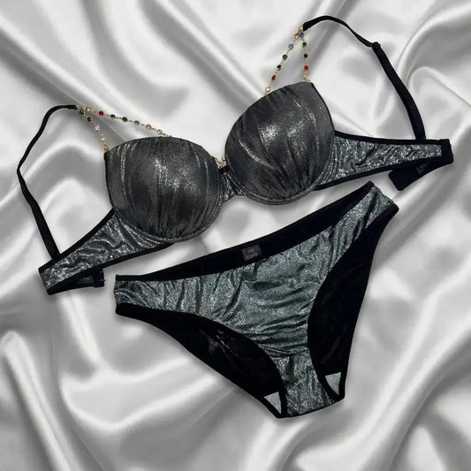 Nazneenah Shimmer Wrinkle-Textured Beaded Bra Set