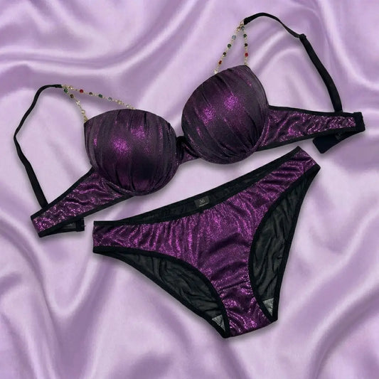 Nazneenah Shimmer Wrinkle-Textured Beaded Bra Set