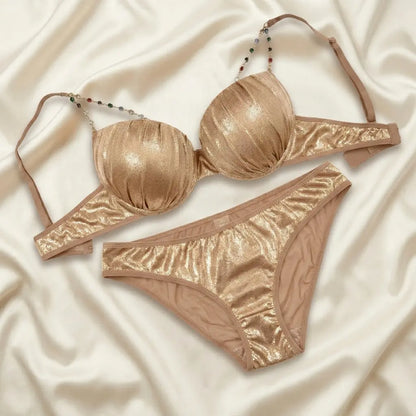 Nazneenah Shimmer Wrinkle-Textured Beaded Bra Set