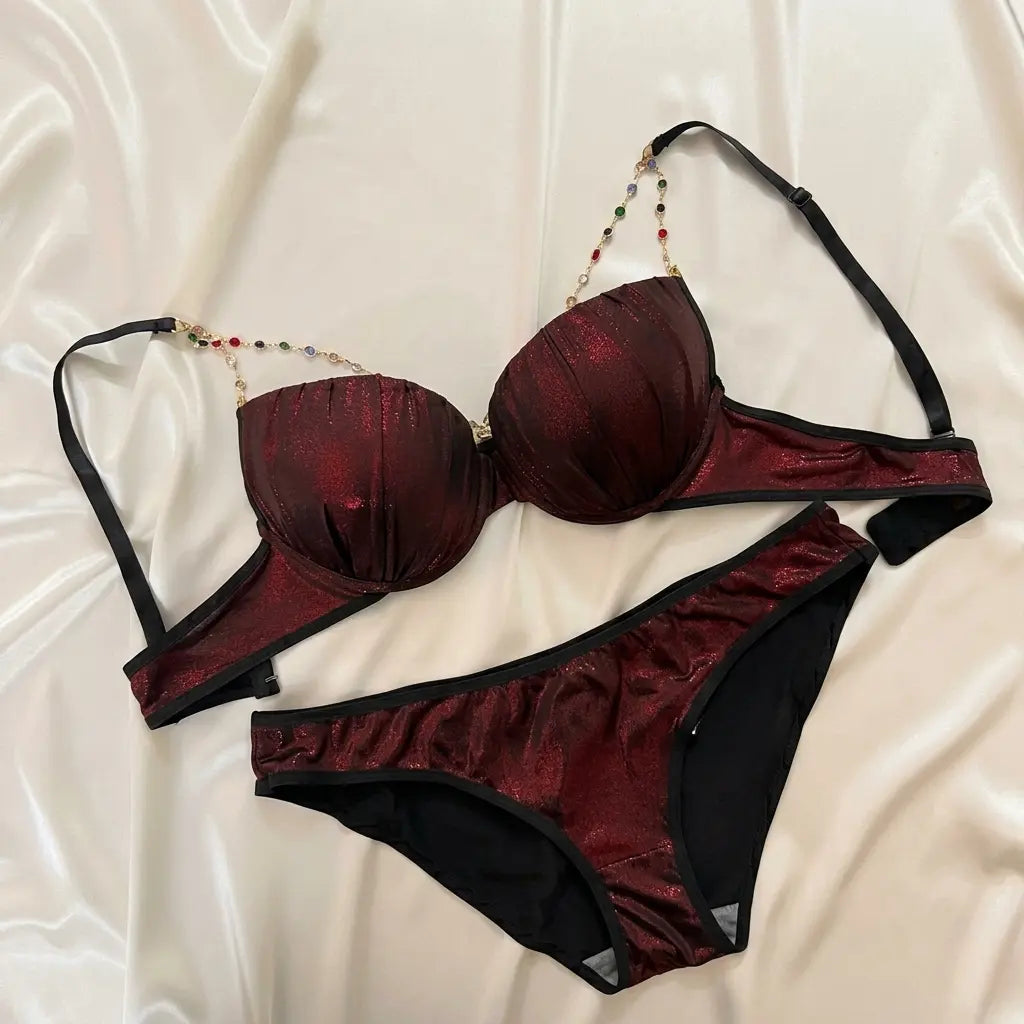 Nazneenah Shimmer Wrinkle-Textured Beaded Bra Set